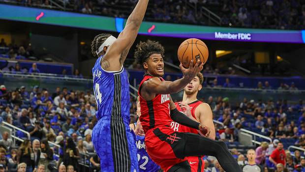 Rockets guard Jalen Green shoots the ball against Orlando Magic center Wendell Carter Jr. (34) during the second half at Amway Center.