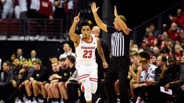 Wisconsin guard Chucky Hepburn celebrates a three-point make against Wake Forest.