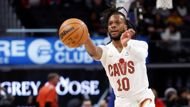 Mar 1, 2024; Detroit, Michigan, USA; Cleveland Cavaliers guard Darius Garland (10) passes in the first half against the Detroit Pistons at Little Caesars Arena. Mandatory Credit: Rick Osentoski-USA TODAY Sports