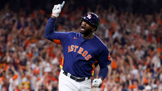 Astros left fielder Yordan Alvarez hits a go-ahead three-run home run against the Phillies in Game 6 of the 2022 World Series.