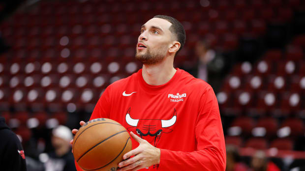 Dec 7, 2022; Chicago, Illinois, USA; Chicago Bulls guard Zach LaVine (8) warms up before an NBA game against the Washington Wizards at United Center.
