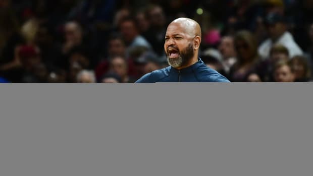 Mar 26, 2023; Cleveland, Ohio, USA; Cleveland Cavaliers head coach J.B. Bickerstaff argues a call during the second half against the Houston Rockets at Rocket Mortgage FieldHouse. Mandatory Credit: Ken Blaze-USA TODAY Sports