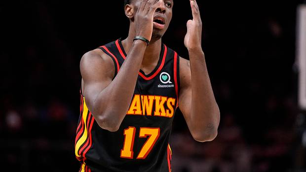 Atlanta Hawks forward Onyeka Okongwu pleads with a referee.