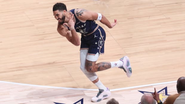 Jayson Tatum celebrates a shot during the 2024 NBA All-Star Game.