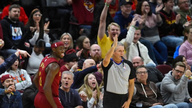 Jan 7, 2024; Cleveland, Ohio, USA; Cleveland Cavaliers guard Caris LeVert (3) celebrates his three-point basket in the third quarter against the San Antonio Spurs at Rocket Mortgage FieldHouse. Mandatory Credit: David Richard-USA TODAY Sports