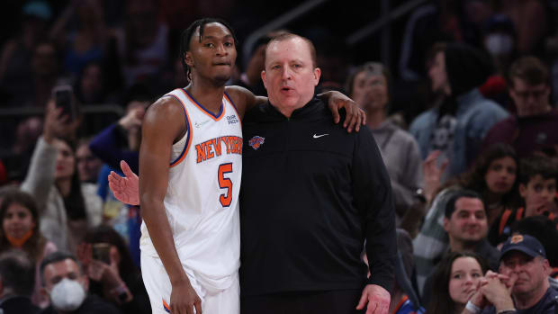 New York Knicks guard Immanuel Quickley and coach Tom Thibodeau