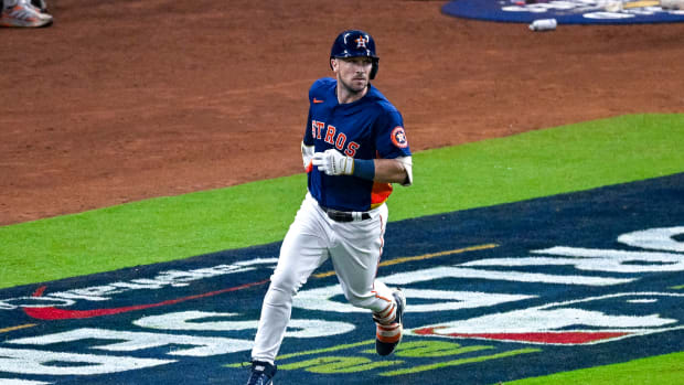 Alex Bregman rounds the bases after hitting a home run in Game 2 of the World Series.