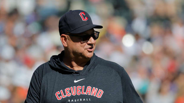 Sep 30, 2023; Detroit, Michigan, USA; Cleveland Guardians manager Terry Francona (77) walks off the field during the fifth inning against the Detroit Tigers at Comerica Park. Mandatory Credit: Rick Osentoski-USA TODAY Sports