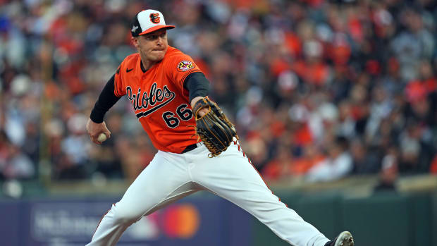 Oct 8, 2023; Baltimore, Maryland, USA; Baltimore Orioles relief pitcher Jacob Webb (66) pitches during the third inning against the Texas Rangers during game two of the ALDS for the 2023 MLB playoffs at Oriole Park at Camden Yards.