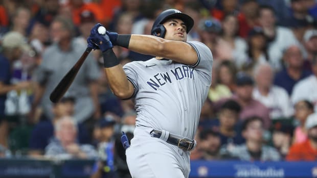 Sep 3, 2023; Houston, Texas, USA; New York Yankees center fielder Jasson Dominguez (89) hits a home run during the sixth inning against the Houston Astros at Minute Maid Park. Mandatory Credit: Troy Taormina-USA TODAY Sports  