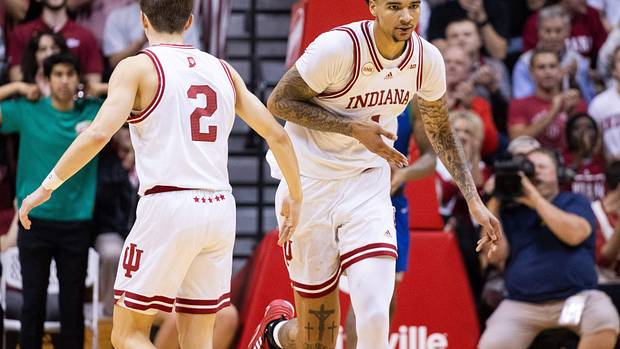 Indiana Hoosiers center Kel'el Ware (1) celebrates a basket with guard Gabe Cupps (2) in the second half against the Florida Gulf Coast Eagles at Simon Skjodt Assembly Hall.