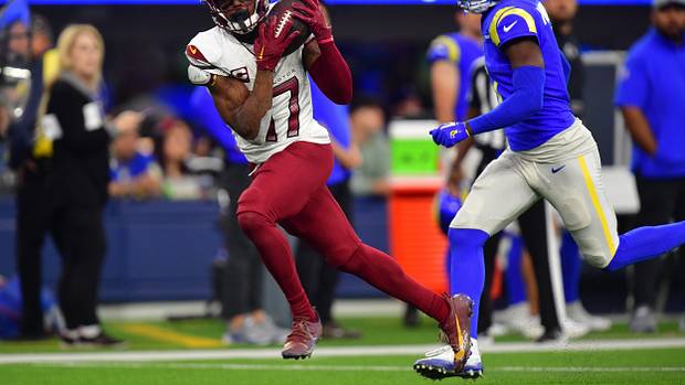 Washington Commanders wide receiver Terry McLaurin (17) catches a pass against the Los Angeles Rams during the second half at SoFi Stadium.