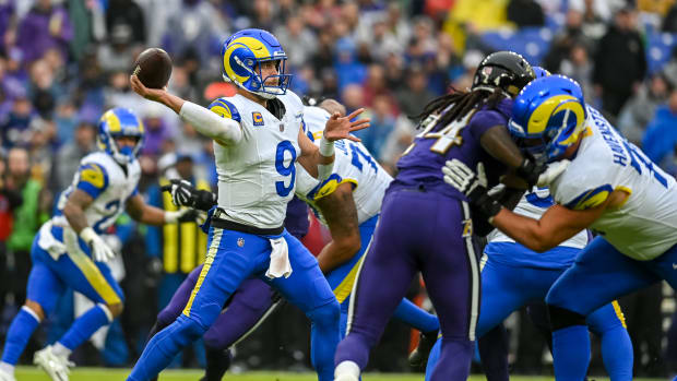 Stafford makes a throw during Sunday's road game against the Baltimore Ravens.