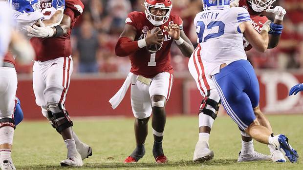 Arkansas Razorbacks quarterback KJ Jefferson (1) rushes during the fourth quarter against the BYU Cougars at Donald W. Reynolds Razorback Stadium. BYU won 38-31.