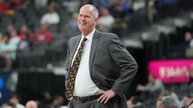 Colorado Buffaloes head coach Tad Boyle reacts to a call during the first half against the UCLA Bruins at T-Mobile Arena
