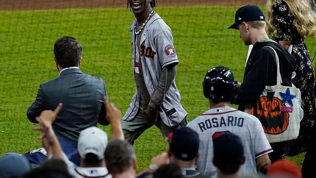 Travis Scott on the field before game six of the 2021 World Series.