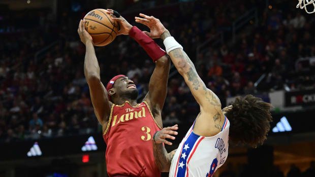 Feb 12, 2024; Cleveland, Ohio, USA; Cleveland Cavaliers guard Caris LeVert (3) drives to the basket against Philadelphia 76ers guard Kelly Oubre Jr. (9) during the second half at Rocket Mortgage FieldHouse. Mandatory Credit: Ken Blaze-USA TODAY Sports
