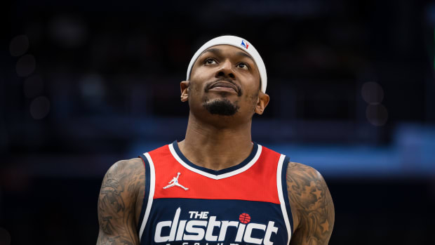 Jan 17, 2022; Washington, District of Columbia, USA; Washington Wizards guard Bradley Beal (3) looks on against the Philadelphia 76ers during the second half at Capital One Arena