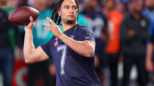 Texans quarterback C.J. Stroud (7) participates in the NFL Pro Bowl Skills Competition at the UCF NIcholson Fieldhouse.