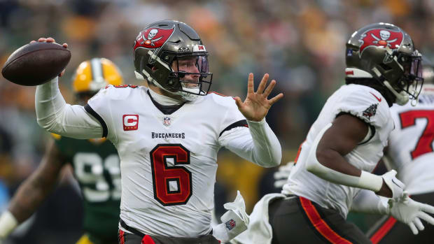 Tampa Bay Buccaneers quarterback Baker Mayfield (6) passes the ball against the Green Bay Packers on Sunday, December 17, 2023, at Lambeau Field, Wis. Tampa Bay won the game, 34-20. Tork Mason/USA TODAY NETWORK-Wisconsin