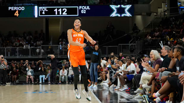 Candace Paker debuts the Adidas Exhibit B at the WNBA All-Star Game. The WNBA legend and Adidas dedicated shoes to Parker's daughter.