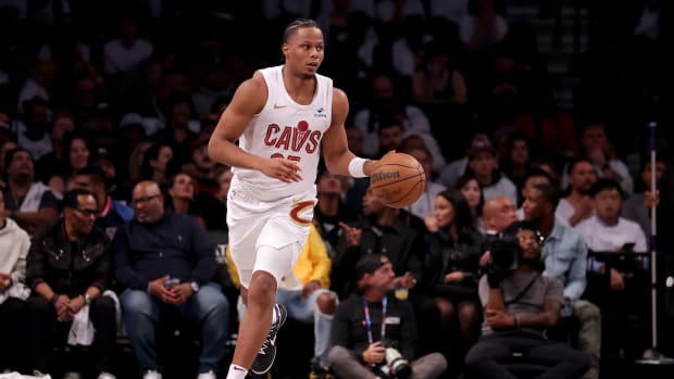Oct 25, 2023; Brooklyn, New York, USA; Cleveland Cavaliers forward Isaac Okoro (35) brings the ball up court against the Brooklyn Nets during the second quarter at Barclays Center.