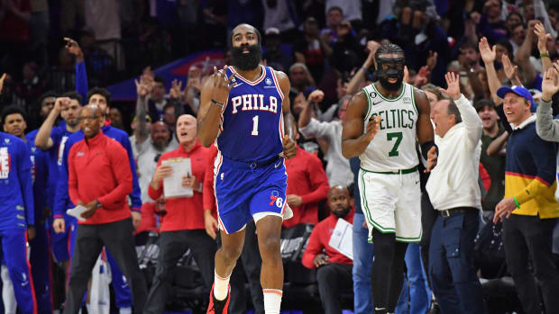 James Harden reacts after making a game-winning shot.