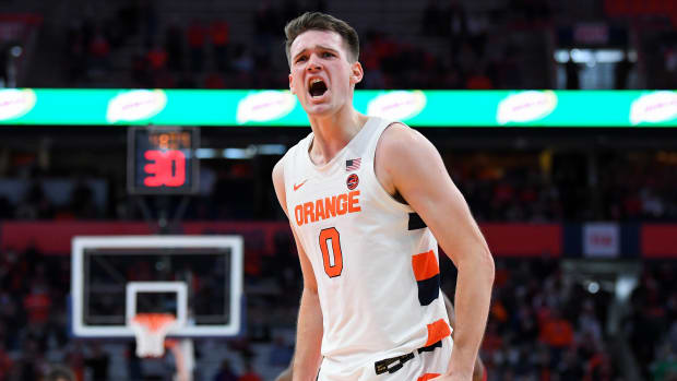 Syracuse Orange forward Jimmy Boeheim (0) reacts to a play against the Indiana Hoosiers during the second half at the Carrier Dome.