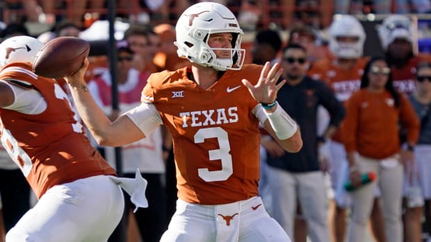 Texas Longhorns quarterback Quinn Ewers (3) throws a pass during the second half against the Kansas Jayhawks at Darrell K Royal-Texas Memorial Stadium.