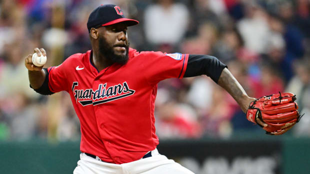 Sep 16, 2023; Cleveland, Ohio, USA; Cleveland Guardians relief pitcher Enyel De Los Santos (62) throws a pitch during the sixth inning against the Texas Rangers at Progressive Field. Mandatory Credit: Ken Blaze-USA TODAY Sports
