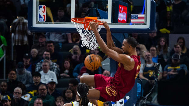 Cleveland Cavaliers forward Evan Mobley (4) shoots the ball while Indiana Pacers forward Isaiah Jackson (22) defends in the second quarter at Gainbridge Fieldhouse.