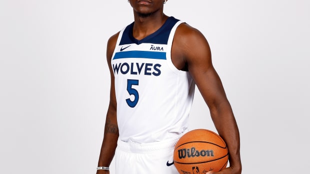 Minnesota Timberwolves guard Anthony Edwards poses for a picture during Media Day.