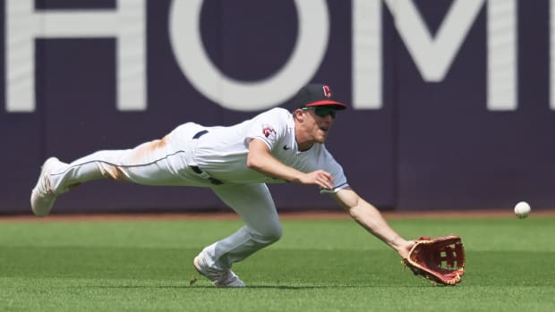 Jun 22, 2023; Cleveland, Ohio, USA; Cleveland Guardians center fielder Myles Straw (7) dives but can not catch a ball hit by Oakland Athletics pinch hitter Tyler Wade (not pictured) during the seventh inning at Progressive Field. Mandatory Credit: Ken Blaze-USA TODAY Sports