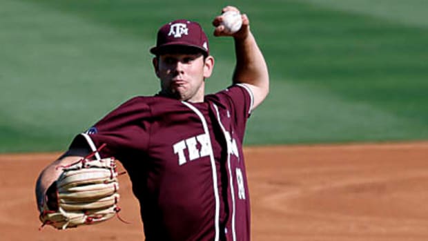 Texas A&M pitcher on the road in Tuscaloosa against the Alabama Crimson Tide.