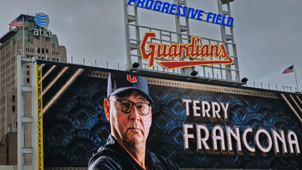 Sep 26, 2023; Cleveland, Ohio, USA; An image of Cleveland Guardians manager Terry Francona (77) is shown on the center field scoreboard during introductions before a game against the Cincinnati Reds at Progressive Field. Mandatory Credit: David Richard-USA TODAY Sports