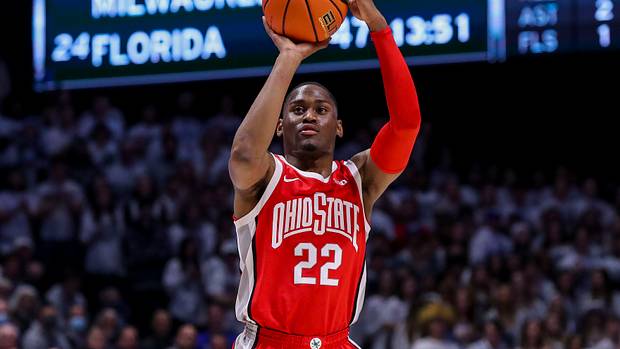 Ohio State Buckeyes guard Malaki Branham (22) shoots a basket against the Xavier Musketeers in the first half at Cintas Center.