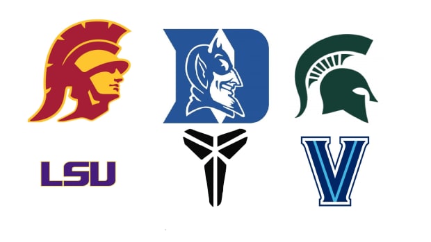 A detailed look at five college team logos.