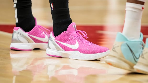 Portland Trail Blazers guard Josh Hart wears the Nike Kobe 6 Protro 'Think Pink'.