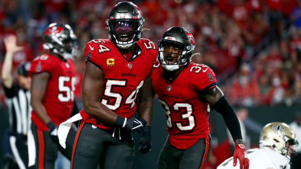 Tampa Bay Buccaneers inside linebacker Lavonte David (54) celebrates as he sacks New Orleans Saints quarterback Taysom Hill (7) during the first half at Raymond James Stadium. Mandatory Credit: Kim Klement-USA TODAY Sports