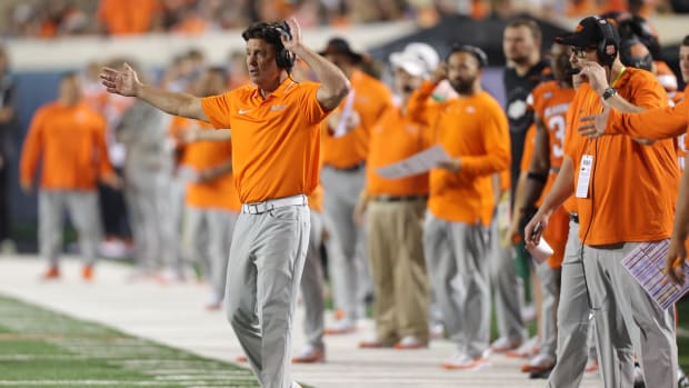 Sep 16, 2023; Stillwater, Oklahoma, USA; Oklahoma State coach Mike Gundy gestures during an NCAA football game between Oklahoma State and South Alabama at Boone Pickens Stadium. South Alabama won 33-7. Mandatory Credit: Bryan Terry-USA TODAY Sports