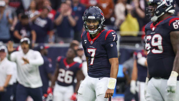 Texans quarterback C.J. Stroud reacts after a play during the fourth quarter against the Tampa Bay Buccaneers at NRG Stadium.
