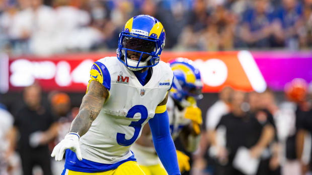 Feb 13, 2022; Inglewood, CA, USA; Los Angeles Rams wide receiver Odell Beckham Jr. (3) against the Cincinnati Bengals during Super Bowl LVI at SoFi Stadium. Mandatory Credit: Mark J. Rebilas-USA TODAY Sports