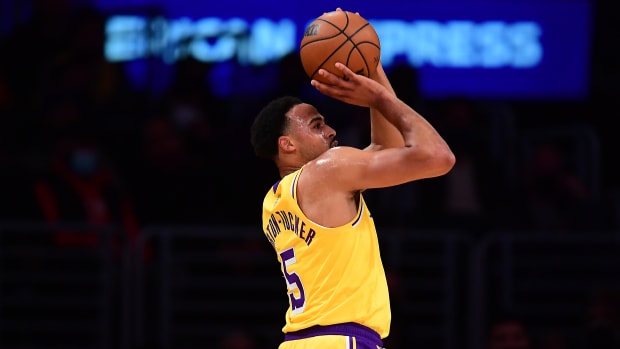 Jan 19, 2022; Los Angeles, California, USA; Los Angeles Lakers guard Talen Horton-Tucker (5) shoots against the Indiana Pacers during the first half at Crypto.com Arena.
