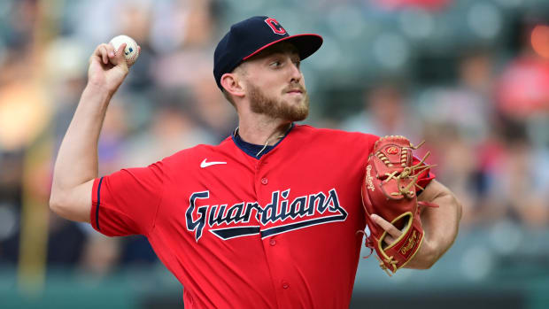 Sep 16, 2023; Cleveland, Ohio, USA; Cleveland Guardians starting pitcher Tanner Bibee (61) throws a pitch during the first inning against the Texas Rangers at Progressive Field.
