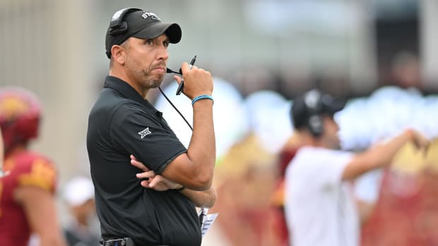 Sep 9, 2023; Ames, Iowa, USA; Iowa State Cyclones head coach Matt Campbell looks on during the first quarter against the Iowa Hawkeyes at Jack Trice Stadium. Mandatory Credit: Jeffrey Becker-USA TODAY Sports