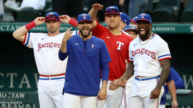 Oct 5, 2022; Arlington, Texas, USA; Texas Rangers designated hitter Adolis Garcia (53) celebrates with teammates after the game against the New York Yankees at Globe Life Field. Mandatory Credit: Kevin Jairaj-USA TODAY Sports