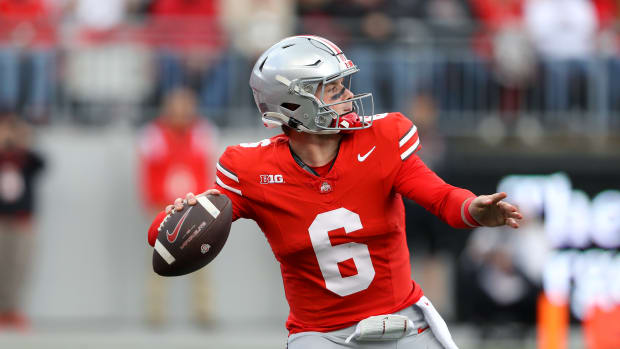 Oct 7, 2023; Columbus, Ohio, USA; Ohio State Buckeyes quarterback Kyle McCord (6) drops back to throw during the second quarter against the Maryland Terrapins at Ohio Stadium.