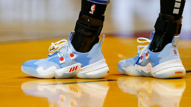 Jan 14, 2022; Miami, Florida, USA; A view of the shoes worn by Atlanta Hawks guard Trae Young (11) during the game against the Miami Heat at FTX Arena.
