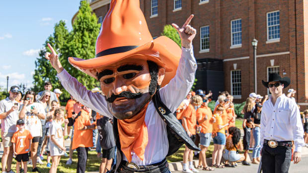 Sep 17, 2022; Stillwater, Oklahoma, USA; Pistol Pete walks in the Spirit Walk before a football game between Oklahoma State Cowboys and Arkansa at Pine Bluff Golden Lions at Boone Pickens Stadium. Mandatory Credit: Nathan J. Fish-USA TODAY Sports