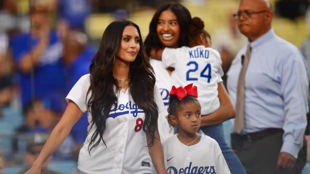 Vanessa Bryant with her three daughters at a Los Angeles Dodgers baseball game.